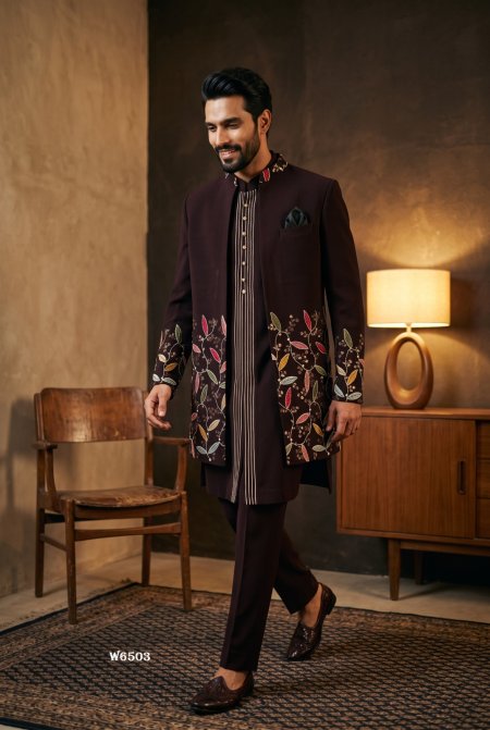 Wine Outluk Wedding Vol 65 Lachaka Embroidery Mens Indo Western W6503